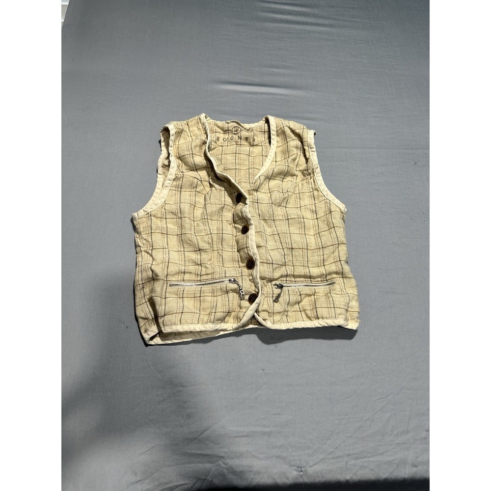 VTG Bogner Tan‎ Plaid Linen Blend Vest S